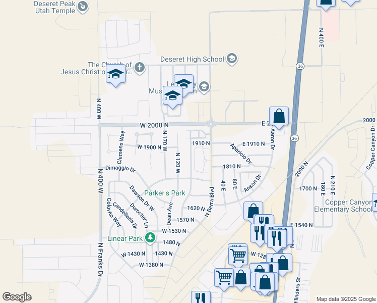 map of restaurants, bars, coffee shops, grocery stores, and more near 1877 North 70 West in Tooele