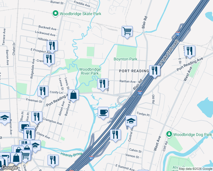 map of restaurants, bars, coffee shops, grocery stores, and more near 27 6th Avenue in Woodbridge Township