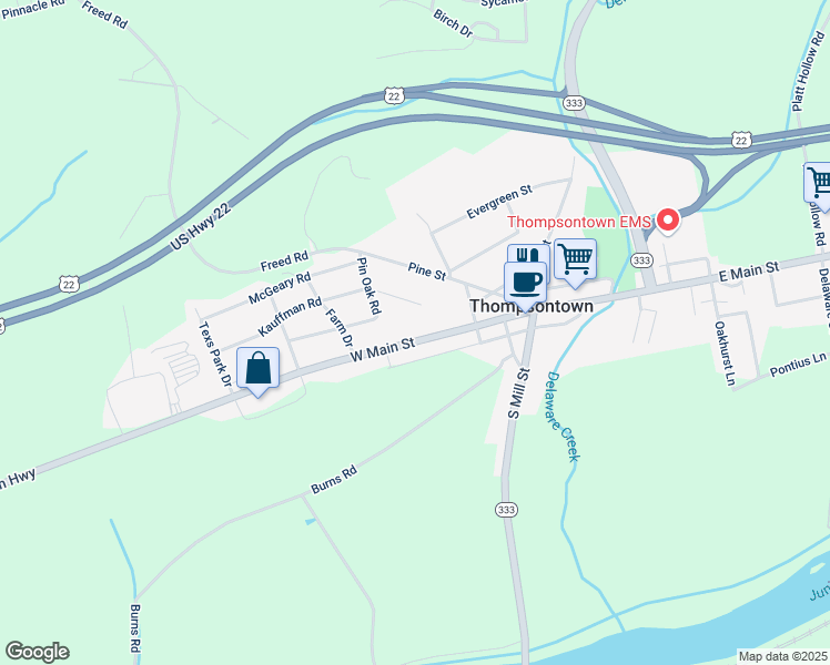 map of restaurants, bars, coffee shops, grocery stores, and more near 395 West Main Street in Thompsontown