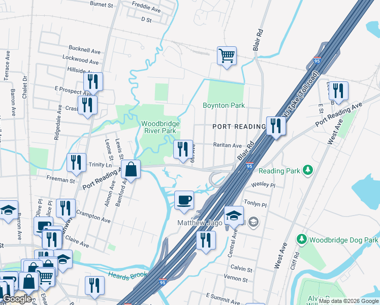 map of restaurants, bars, coffee shops, grocery stores, and more near 27 6th Avenue in Woodbridge Township