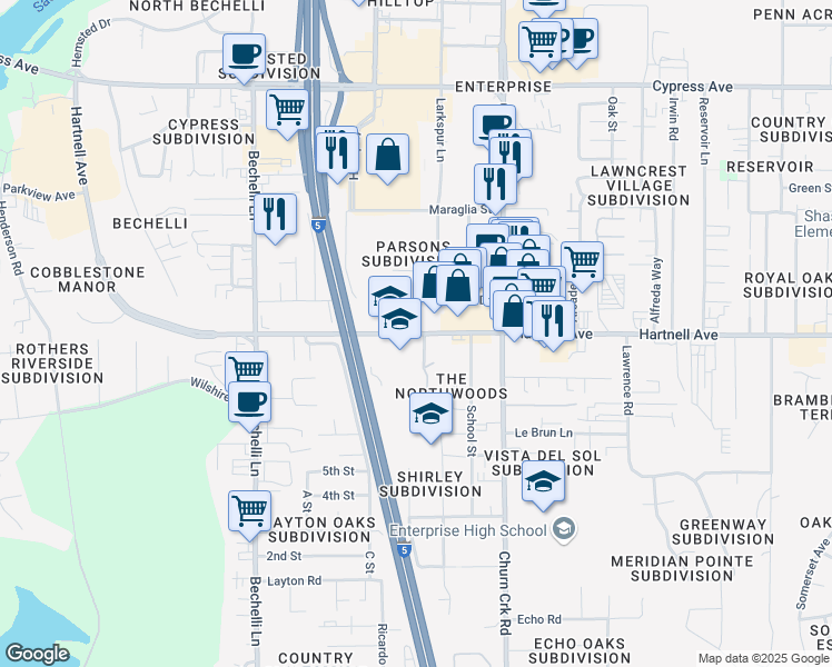 map of restaurants, bars, coffee shops, grocery stores, and more near 795 Hartnell Avenue in Redding