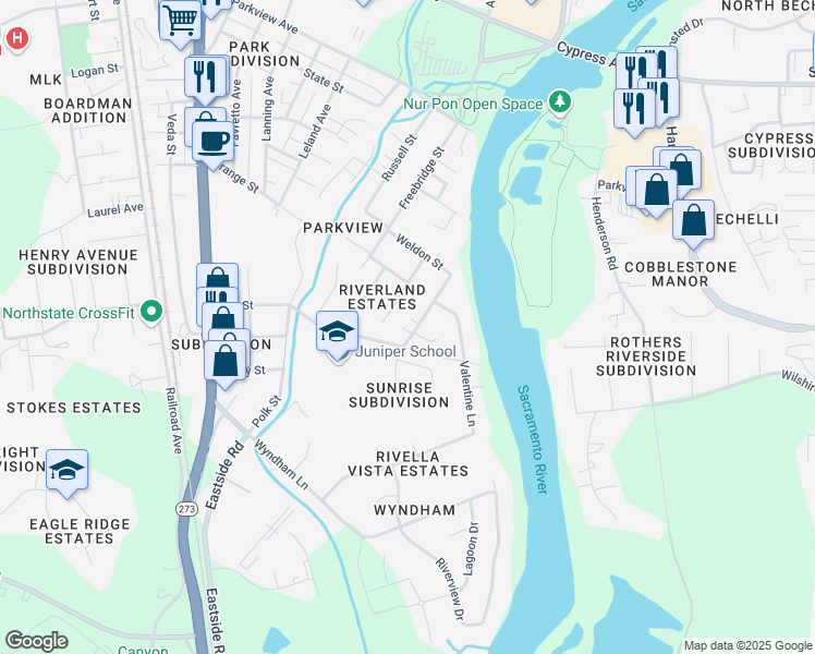 map of restaurants, bars, coffee shops, grocery stores, and more near 2980 Dove Street in Redding