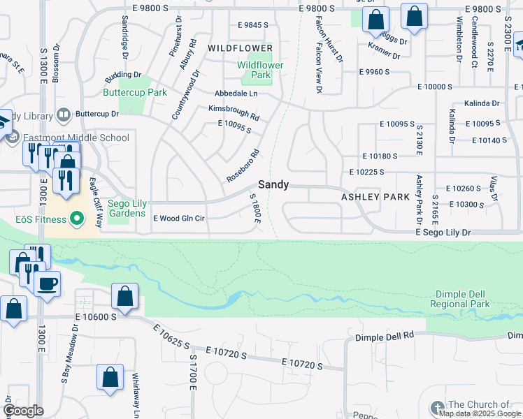 map of restaurants, bars, coffee shops, grocery stores, and more near 10329 South 1800 East in Sandy