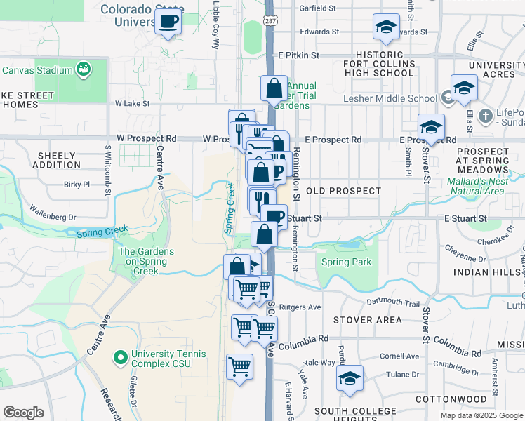 map of restaurants, bars, coffee shops, grocery stores, and more near 1733 South College Avenue in Fort Collins