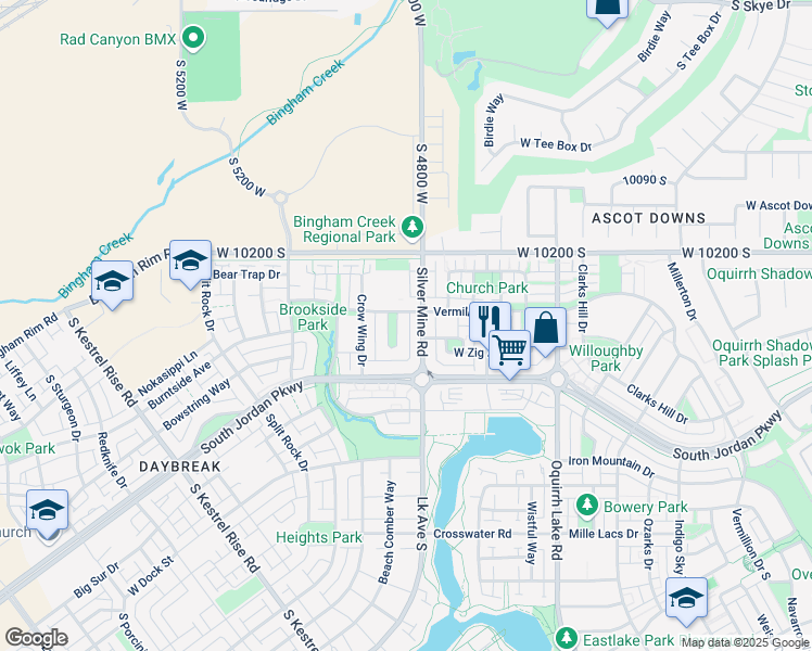 map of restaurants, bars, coffee shops, grocery stores, and more near 4842 Vermillion Drive South in South Jordan