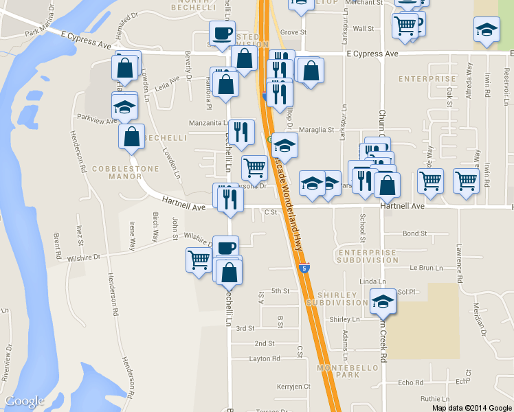 map of restaurants, bars, coffee shops, grocery stores, and more near 589 Parsons Drive in Redding