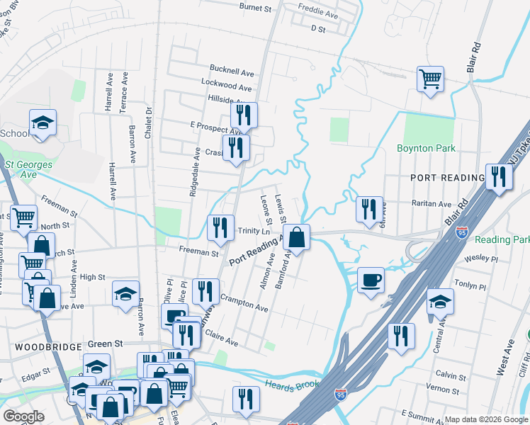 map of restaurants, bars, coffee shops, grocery stores, and more near 679 Lewis Street in Woodbridge Township