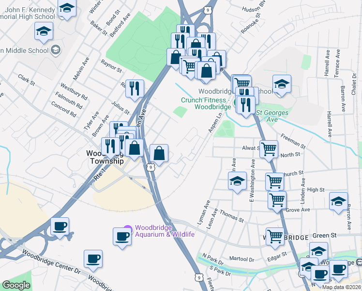 map of restaurants, bars, coffee shops, grocery stores, and more near 272 Alpine Way in Woodbridge Township
