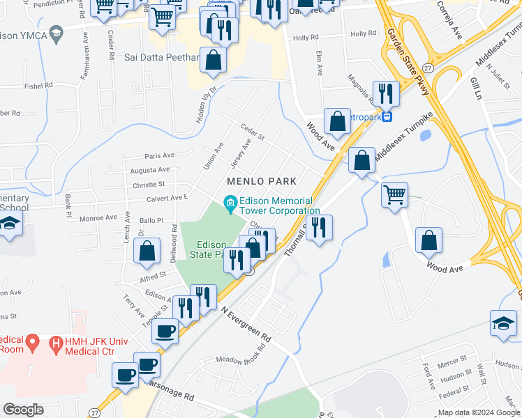 map of restaurants, bars, coffee shops, grocery stores, and more near in Edison