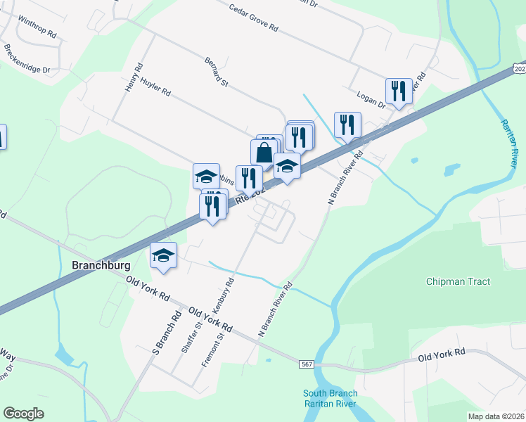 map of restaurants, bars, coffee shops, grocery stores, and more near 1015 U.S. 202 in Branchburg