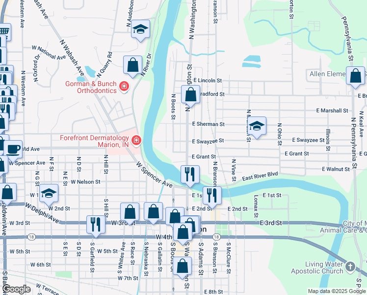 map of restaurants, bars, coffee shops, grocery stores, and more near 308 1/2 South Boots Street in Marion