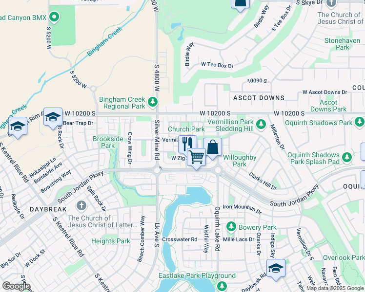 map of restaurants, bars, coffee shops, grocery stores, and more near 10316 Rubicon Road in South Jordan