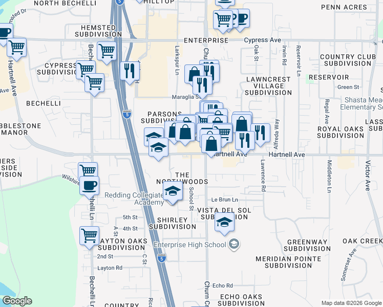 map of restaurants, bars, coffee shops, grocery stores, and more near 1790 School Street in Redding