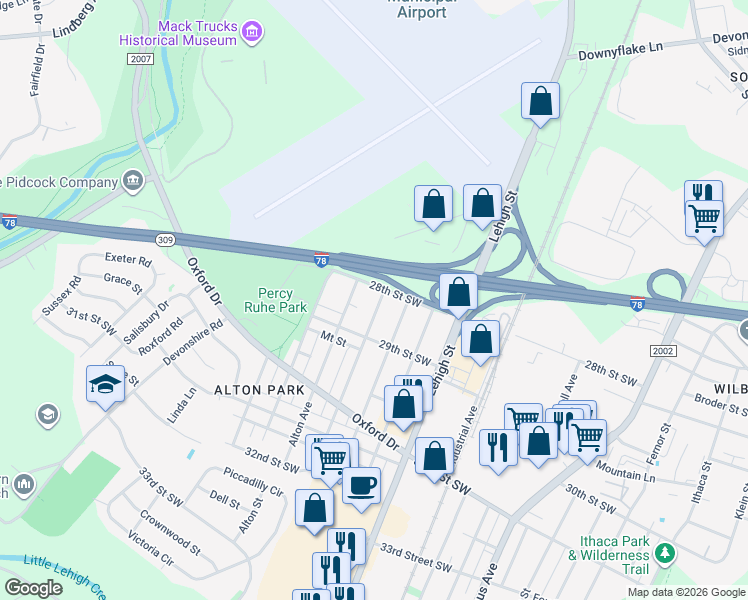 map of restaurants, bars, coffee shops, grocery stores, and more near 1858 28th Street Southwest in Allentown