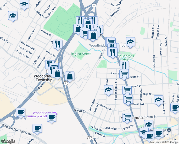 map of restaurants, bars, coffee shops, grocery stores, and more near 209 Sierra Court in Woodbridge Township