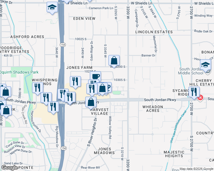 map of restaurants, bars, coffee shops, grocery stores, and more near 10333 Wapati Moon Place in South Jordan
