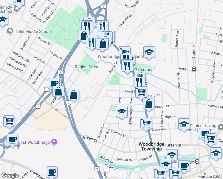 map of restaurants, bars, coffee shops, grocery stores, and more near 96 Alwat Street in Woodbridge Township
