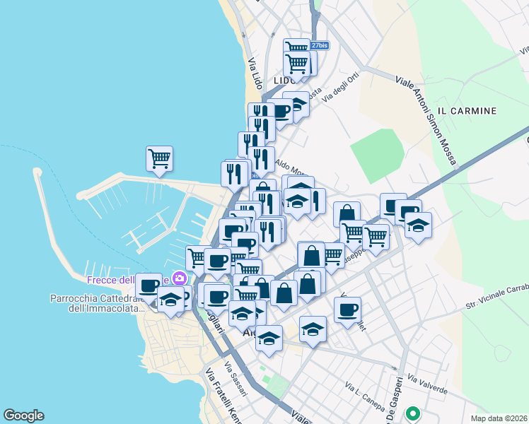map of restaurants, bars, coffee shops, grocery stores, and more near 45 Via degli Orti in Alghero