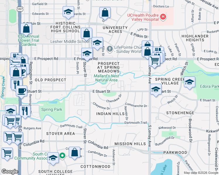 map of restaurants, bars, coffee shops, grocery stores, and more near 1711 Brookhaven Circle West in Fort Collins