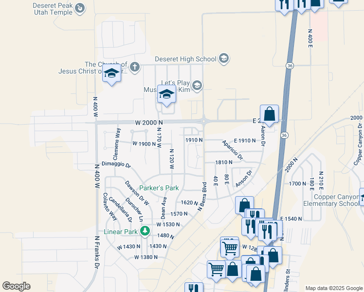 map of restaurants, bars, coffee shops, grocery stores, and more near 1885 North 70 West in Tooele