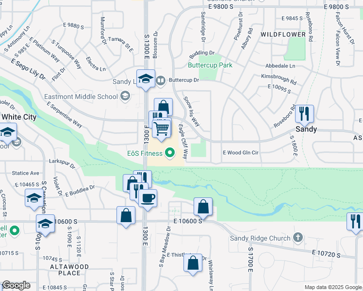 map of restaurants, bars, coffee shops, grocery stores, and more near 10302 Eagle Cliff Court in Sandy