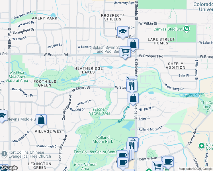 map of restaurants, bars, coffee shops, grocery stores, and more near 1314 Village Park Court in Fort Collins