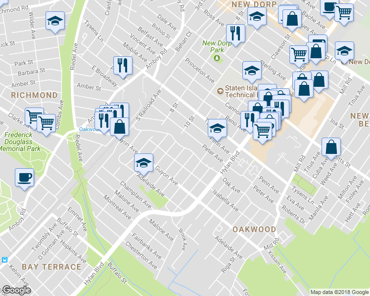 map of restaurants, bars, coffee shops, grocery stores, and more near 0 Elmira Street in Staten Island