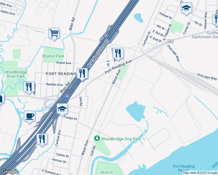map of restaurants, bars, coffee shops, grocery stores, and more near 405 Falcon Point Way in Woodbridge Township