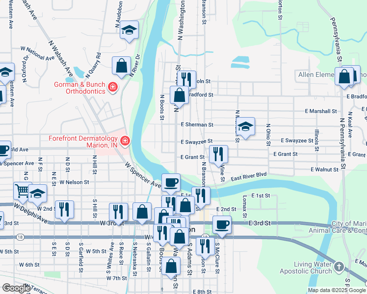 map of restaurants, bars, coffee shops, grocery stores, and more near 224 North Washington Street in Marion