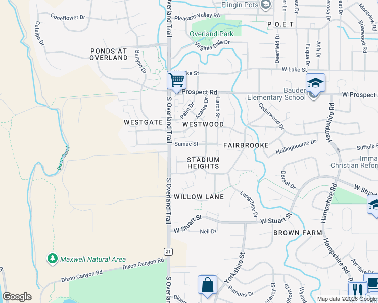 map of restaurants, bars, coffee shops, grocery stores, and more near 2924 Sumac Street in Fort Collins