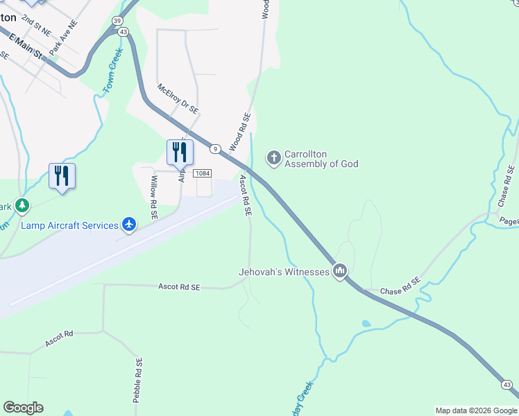 map of restaurants, bars, coffee shops, grocery stores, and more near 415 Steubenville Road Southeast in Carrollton