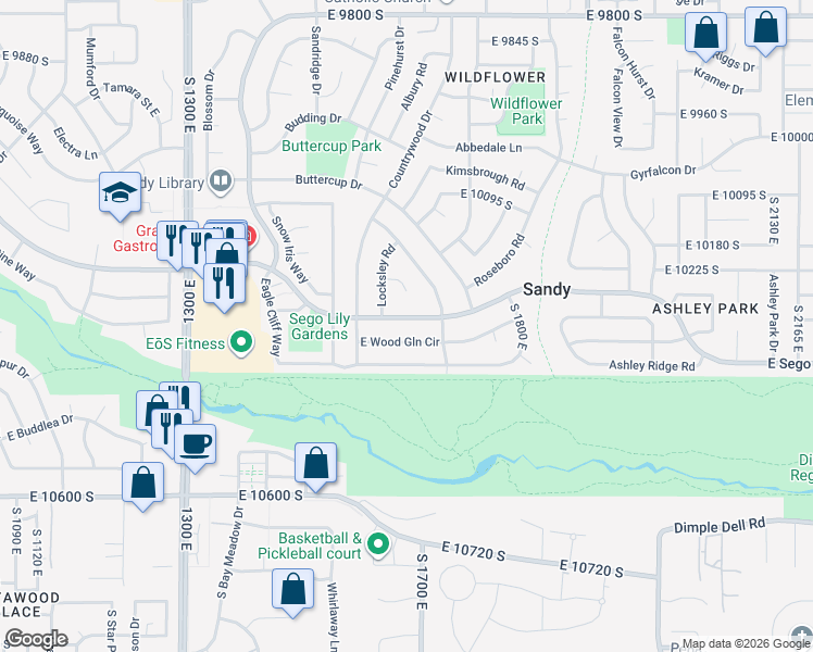 map of restaurants, bars, coffee shops, grocery stores, and more near 1602 East Sego Lily Drive in Sandy
