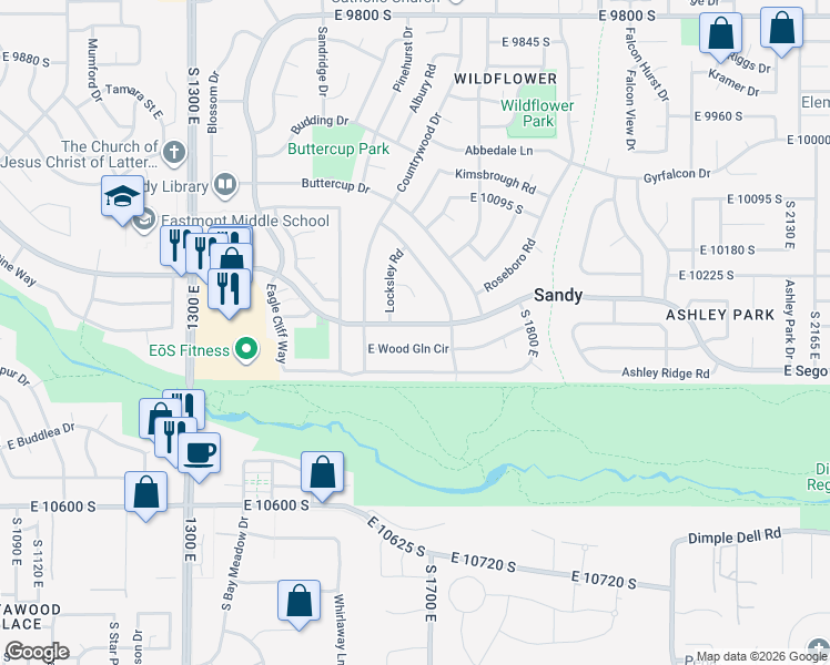 map of restaurants, bars, coffee shops, grocery stores, and more near 1602 East Sego Lily Drive in Sandy