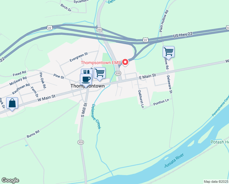 map of restaurants, bars, coffee shops, grocery stores, and more near 74 Lower Benner Street in Thompsontown