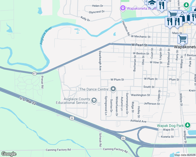 map of restaurants, bars, coffee shops, grocery stores, and more near 908 West Plum Street in Wapakoneta