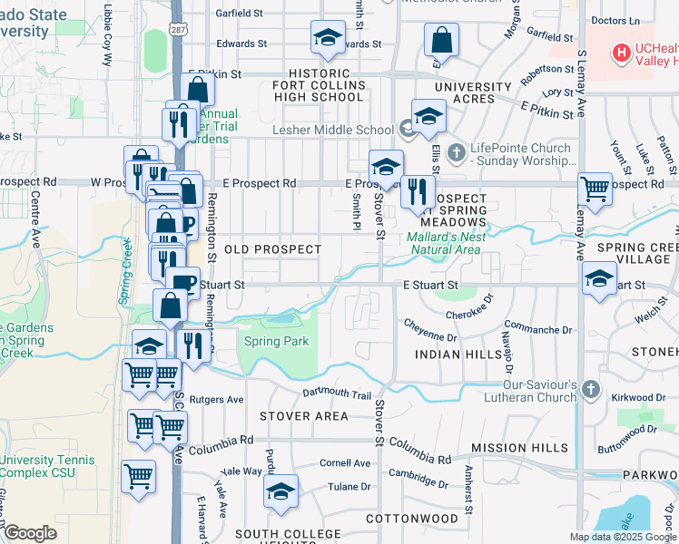 map of restaurants, bars, coffee shops, grocery stores, and more near 1712 Morningside Drive in Fort Collins