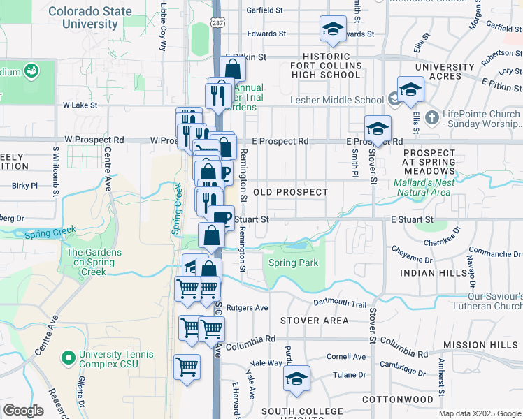 map of restaurants, bars, coffee shops, grocery stores, and more near 1708 Remington Street in Fort Collins