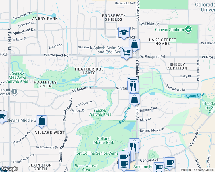 map of restaurants, bars, coffee shops, grocery stores, and more near 1314 Village Park Court in Fort Collins