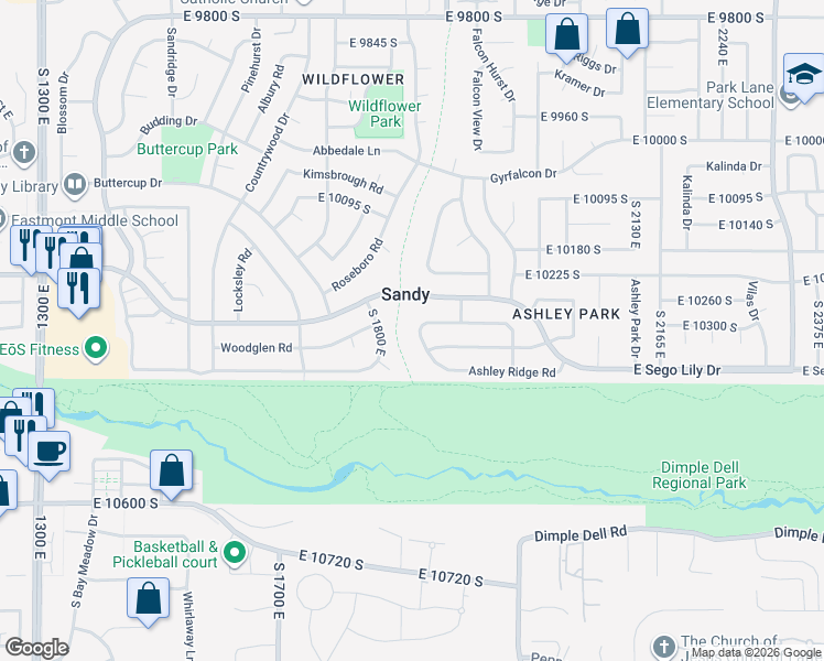 map of restaurants, bars, coffee shops, grocery stores, and more near in Sandy