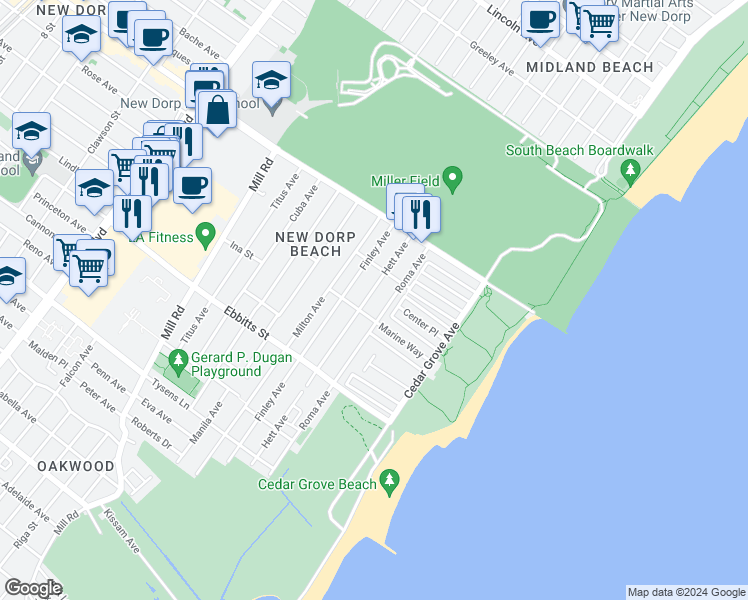 map of restaurants, bars, coffee shops, grocery stores, and more near 76 Finley Avenue in Staten Island