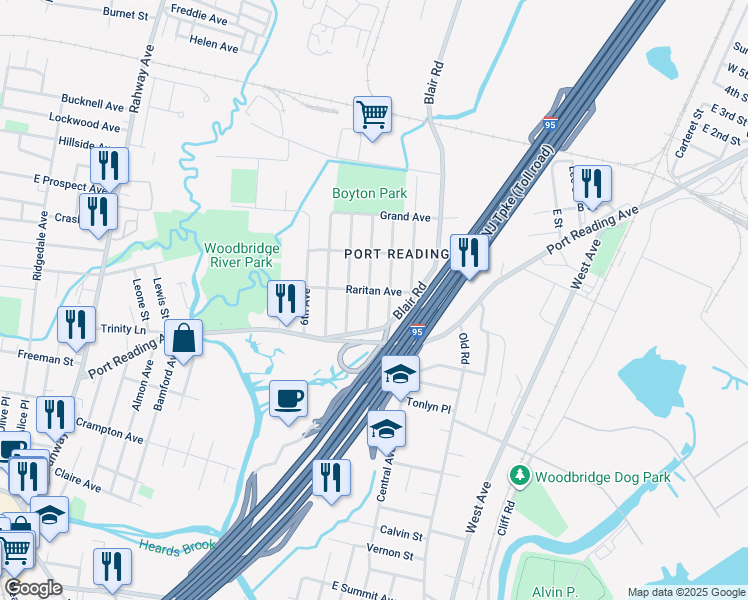 map of restaurants, bars, coffee shops, grocery stores, and more near 51 3rd Avenue in Woodbridge Township