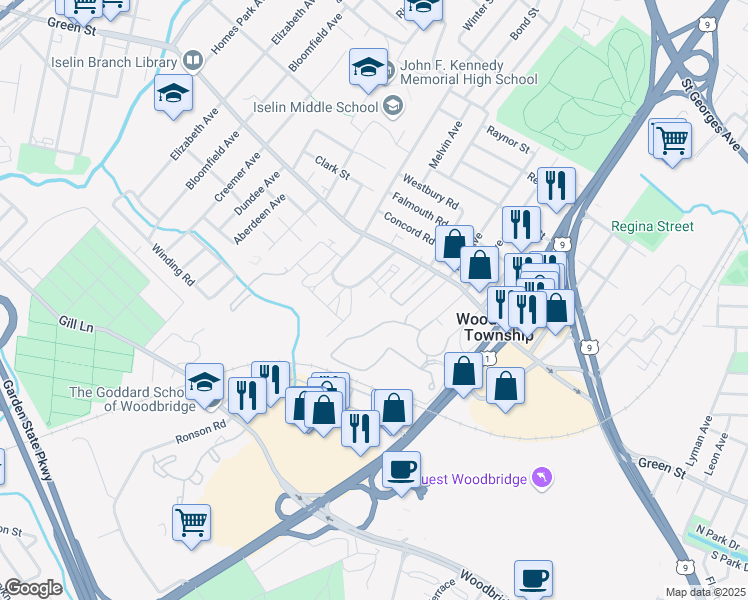 map of restaurants, bars, coffee shops, grocery stores, and more near 409 Green Hollow Drive in Woodbridge Township
