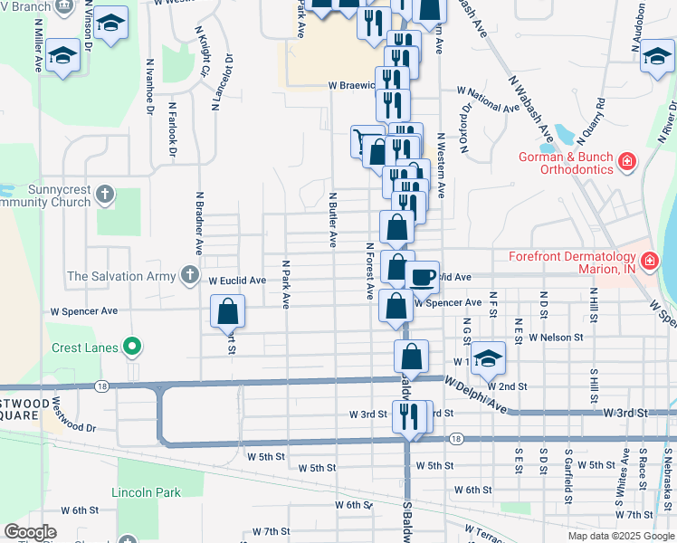 map of restaurants, bars, coffee shops, grocery stores, and more near 1519 W Jeffras Ave in Marion