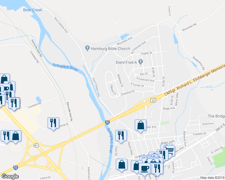 map of restaurants, bars, coffee shops, grocery stores, and more near 307 Hilltop Court in Hamburg