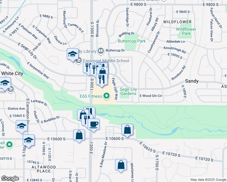 map of restaurants, bars, coffee shops, grocery stores, and more near 10302 Eagle Cliff Way in Sandy
