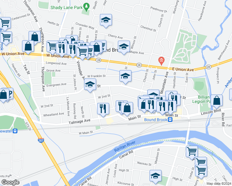map of restaurants, bars, coffee shops, grocery stores, and more near 80 West 2nd Street in Bound Brook