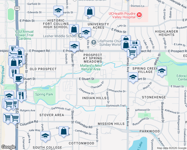 map of restaurants, bars, coffee shops, grocery stores, and more near 1741 Brookhaven Circle East in Fort Collins