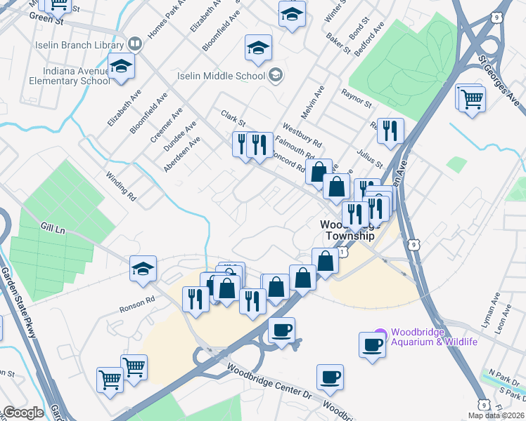 map of restaurants, bars, coffee shops, grocery stores, and more near 606 Green Hollow Drive in Woodbridge Township