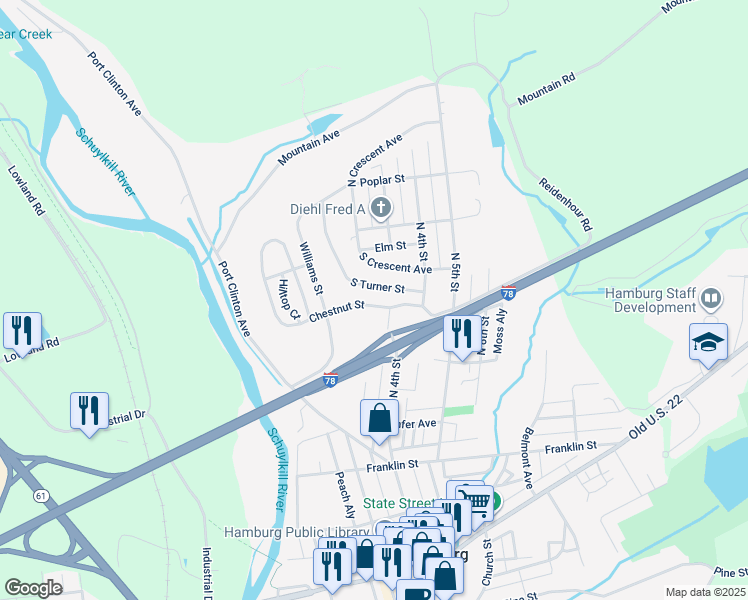 map of restaurants, bars, coffee shops, grocery stores, and more near 295 Chestnut Street in Hamburg