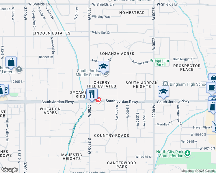 map of restaurants, bars, coffee shops, grocery stores, and more near 2554 Cherry Grove Way in South Jordan